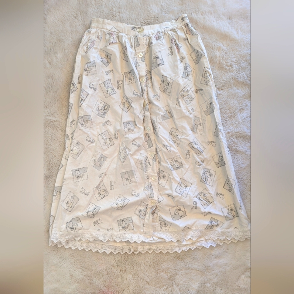 Vintage Bear Stamp Printed Button Up White Skirt